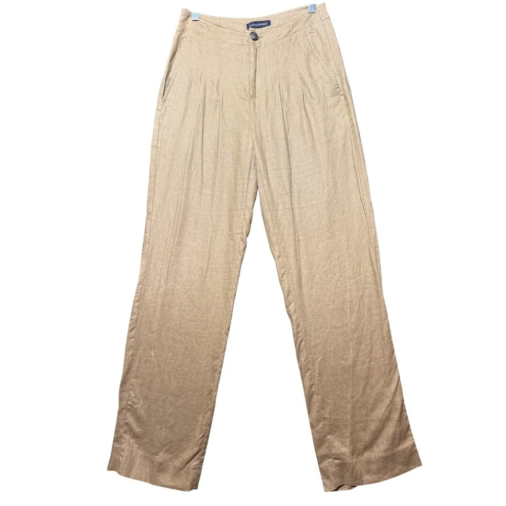 Banana Republic Pleated Linen Pants Women 0 Iced Latte High Rise Straight Leg